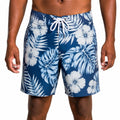 Bañador corto para hombre talla L de tejido sintético azul marino y blanco con estampado tropical y cordón