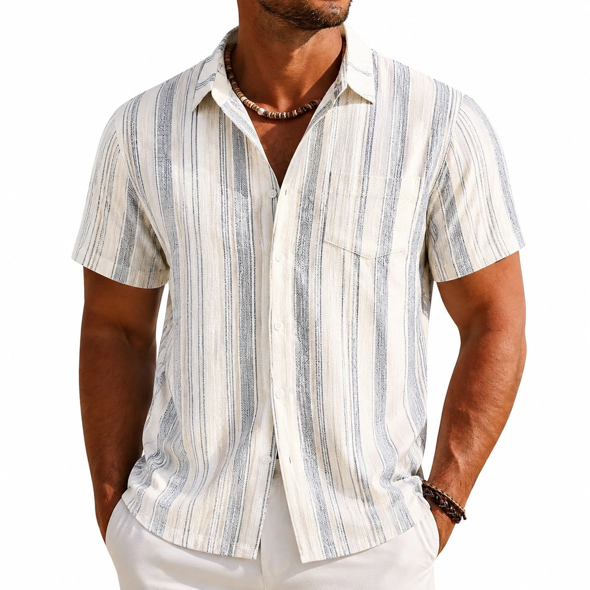 Camisa de hombre talla M de tejido ligero beige y gris de rayas con manga corta
