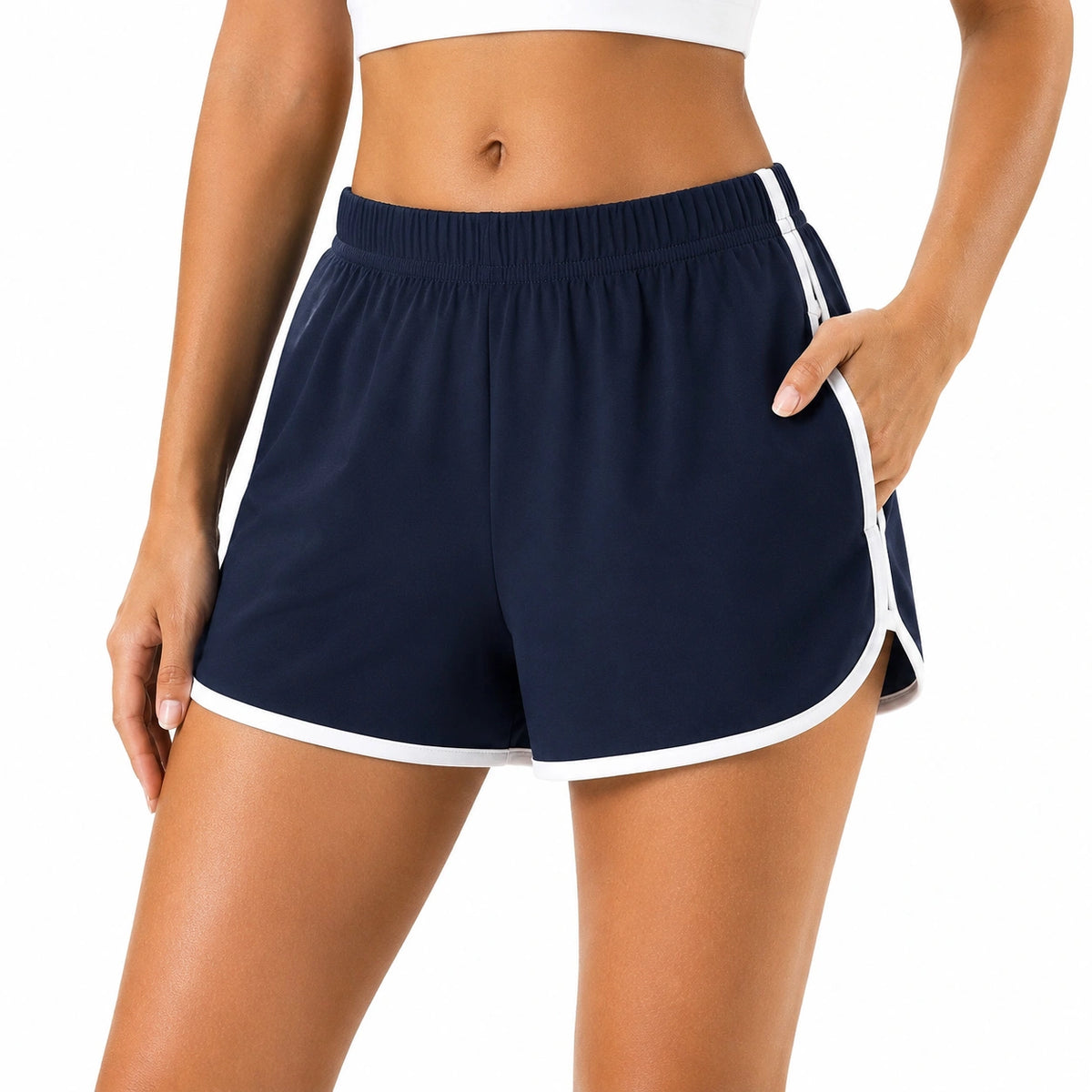 Pantalón corto deportivo M de tejido sintético azul marino y blanco con cintura elástica